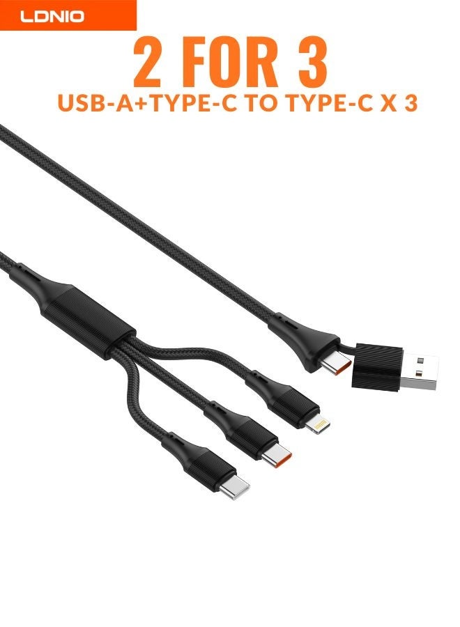 LDNIO 100W 4-in-1 Fast Charging Cable with Dual Input | USB-C Input + Removable USB-A Adapter | Dual Type-C (100W + 15W) + Lightning (30W) Output | Charge 3 Devices with One Cable | For iPhone 17 / 16 / 15 / 14 / 13 / 12 Series, Samsung Galaxy New Models, OnePlus, Oppo, Vivo, Honor, Nothing, One plus | Adapter Charging Cable | 1.2m Black - Image 4